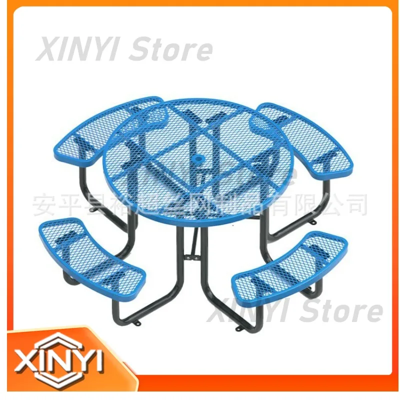 Outdoor Diamond Mesh Steel Table for Camping Round Metal Picnic Table with Plastic Coating 46 Inch Thermoplastic Coated