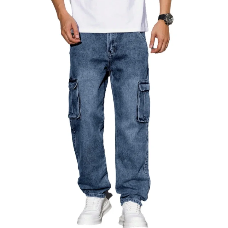 

New Jeans Men Pants Wash Solid Color Multi Pockets Denim Mid Waist Cargo Jeans Plus Size Fahsion Casual Trousers Male Daily Wear