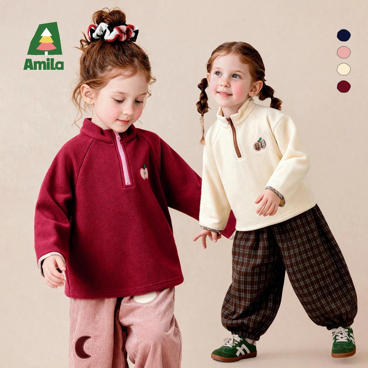 Amila 2026 Autumn New Kids Stand Collar Sweatshirt Vintage Patch Embroidery Color Block Cute Playful Daily Versatile Top