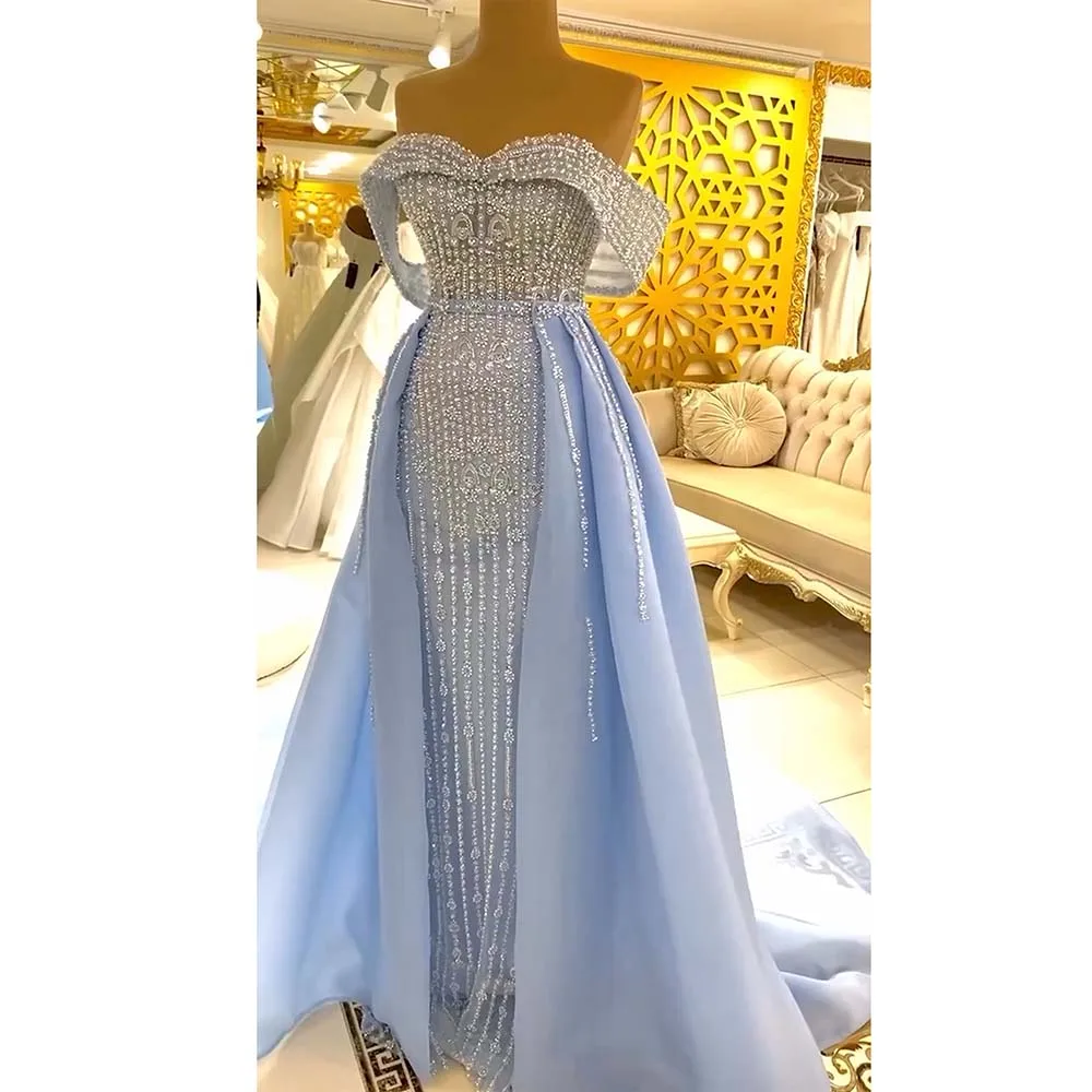 Elegant Sky Blue Pearl Evening Dress for Women 2024 Mermaid Off the Shoulder Detachable Train Formal Prom Wedding Party Gown