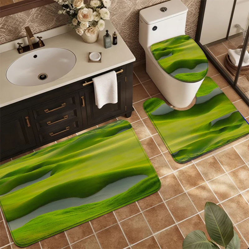 

Green Grass Landscape Bathroom Rug Set 3 Piece Nature Scenery Non Slip Soft Bath Mat Toilet Seat Cover U Shaped Rug