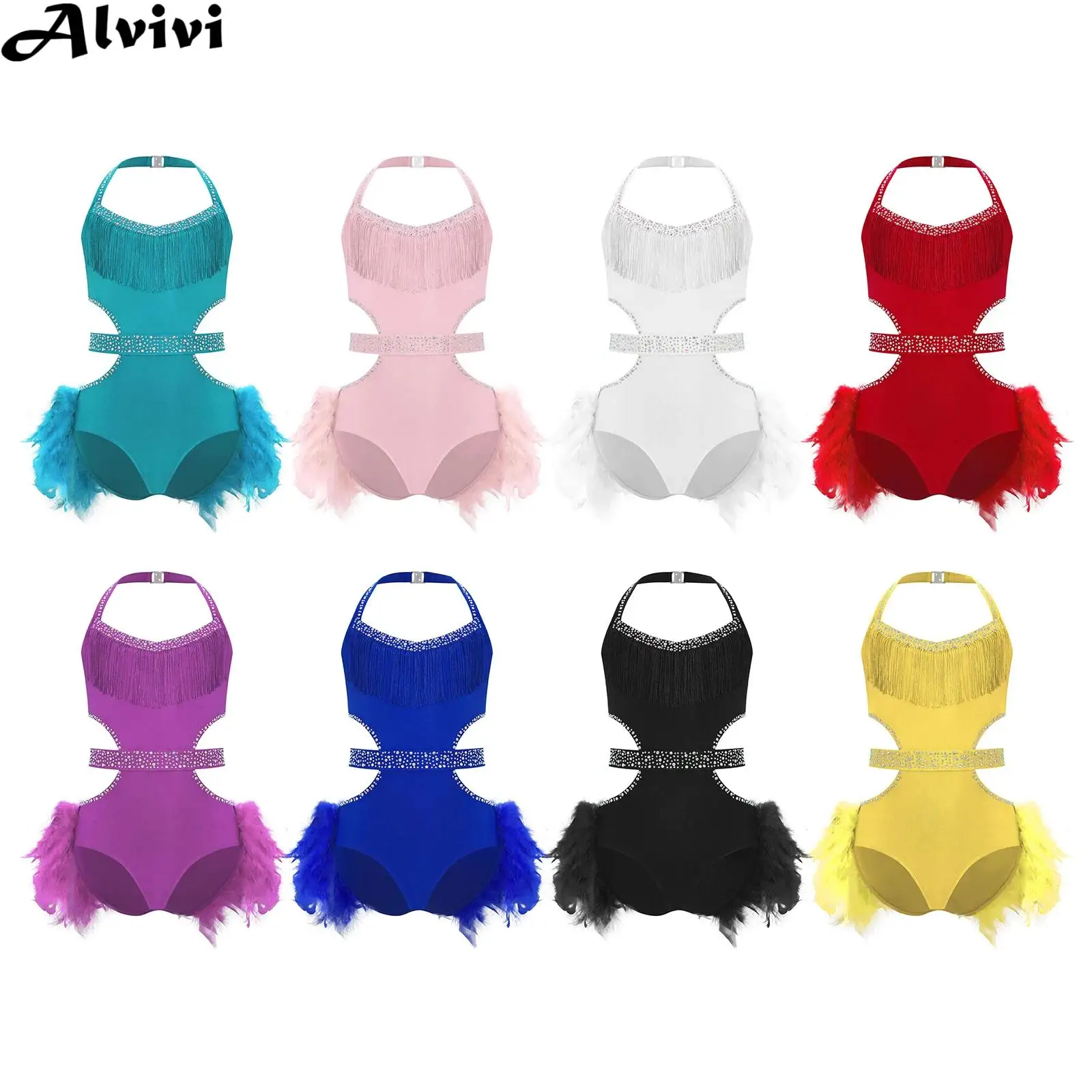 Kids Girls Sleeveless Shiny Rhinestone Feather Latin Dance Leotard Figure Skating Ballet Cha-cha Ballroom Samba Rumba Bodysuit