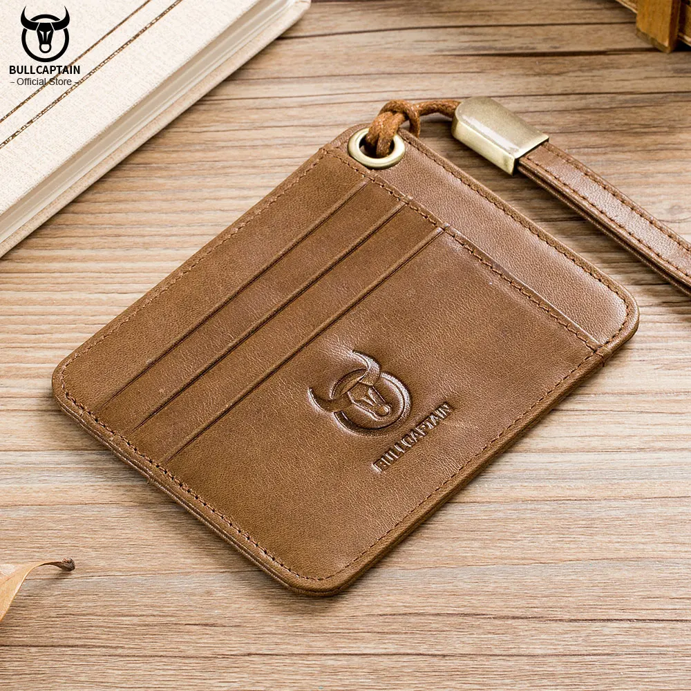 BULLCAPTAIN  Genuine Leather Business Credit Card Holder mini RFID Card protection Unisex ID Holders CARDS WALLET WITH WRIST