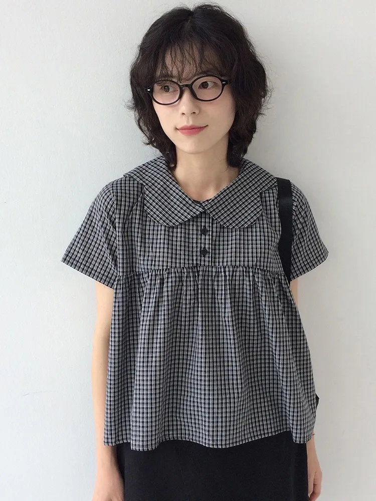 

Retro Japanese Sle Summer irt Women's Doll Collar Buttoned Plaid ort Sve Top Commute Sle Regular Fit Medium Softn