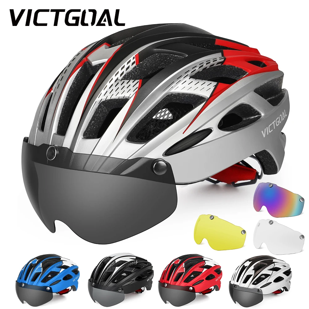 Bike Helmet Adult Men Women with Magnetic Goggles Sun Visor Bicycle Helmet with Rear Led Light Adjustable for Road Bike Cycling