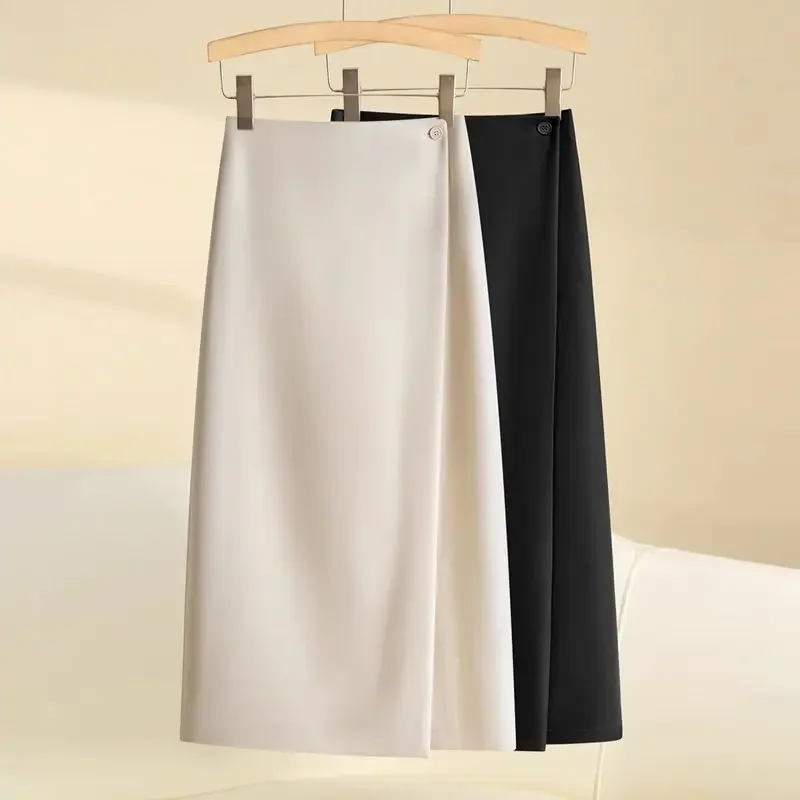 

Korean Fashion Autumn Winter Women Solid Zipper Split Asymmetrical Simplicity Chic High Waist Midi Slim A-line Hip Wrap Skirt