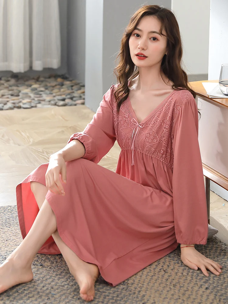 chemise-de-nuit-en-dentelle-pour-femme-nouvelle-collection-printemps-automne-2026-en-pur-coton-ultra-doux-sexy-haut-de-gamme-col-en-v-vetements-d'interieur