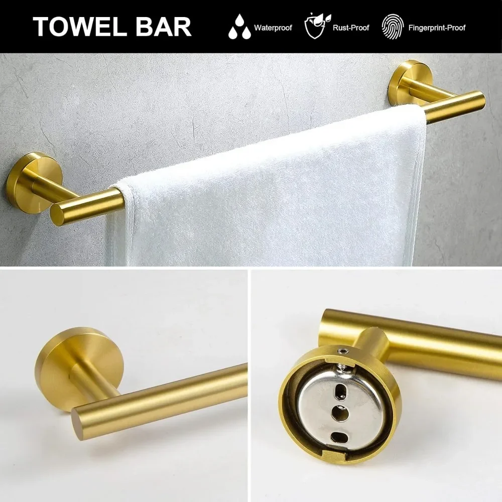 5-Piece Brushed Gold Bathroom Hardware Accessories Set, Gold Towel Bar Holder Set Towel Rack Set Stainless