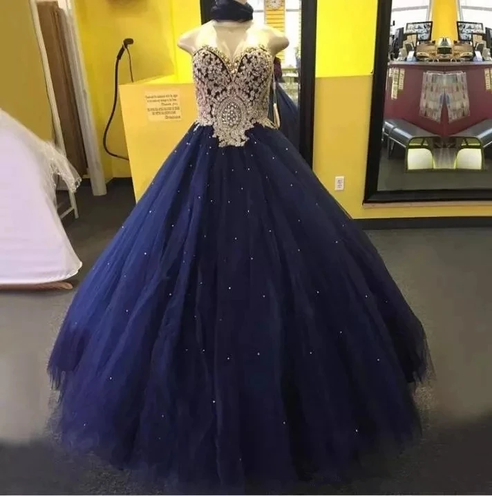 

ANGELSBRIDEP Navy-Blue Ball Gown Quinceanera Dresses For 15 Party Fashion Sweetheart Crystal Beading Tulle Princess Birthday Hot