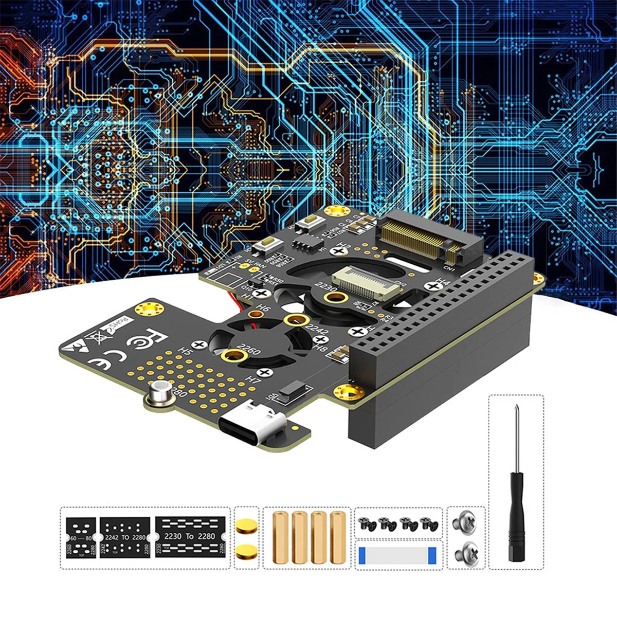 BFYLДля Raspberry Pi 5 PCIe to M.2 NVMe SSD HAT 3in1 с двумя вентиляторами Gen2 Gen3 для 2230 2242 2260 2280 M.2 M-Key NVMe SSD