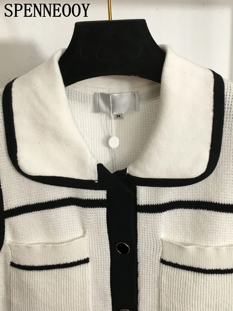 SPENNEOOY Fashion Runway Spring Summer White Knitting Cardigan Women Turn-down Collar Pocket Sleeveless Straight Barrel Sweaters