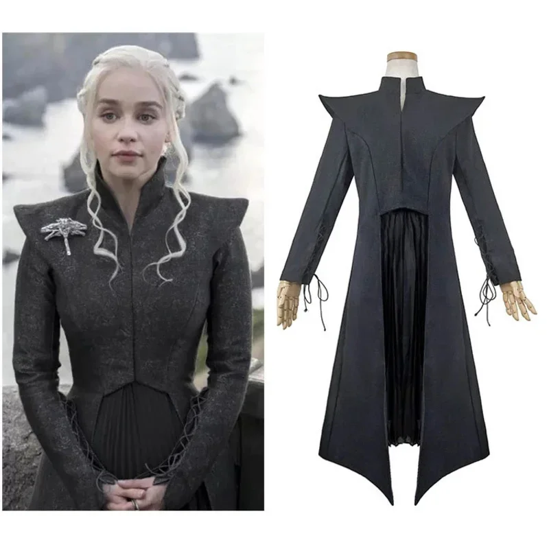 女性のためのシーズン7のコスプレコスチュームゲーム,黒のコート,かつら,髪,カーニバルのユニフォーム,ハロウィーンの衣装,mn3,黒,女の子