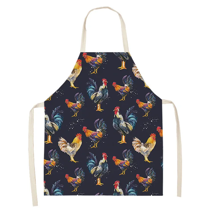 1pc Rooster Hen Printed Linen Apron Dinner Bib Kitchen Cooking Baking BBQ Stain Resistant Apron Home Cleaning Accessories