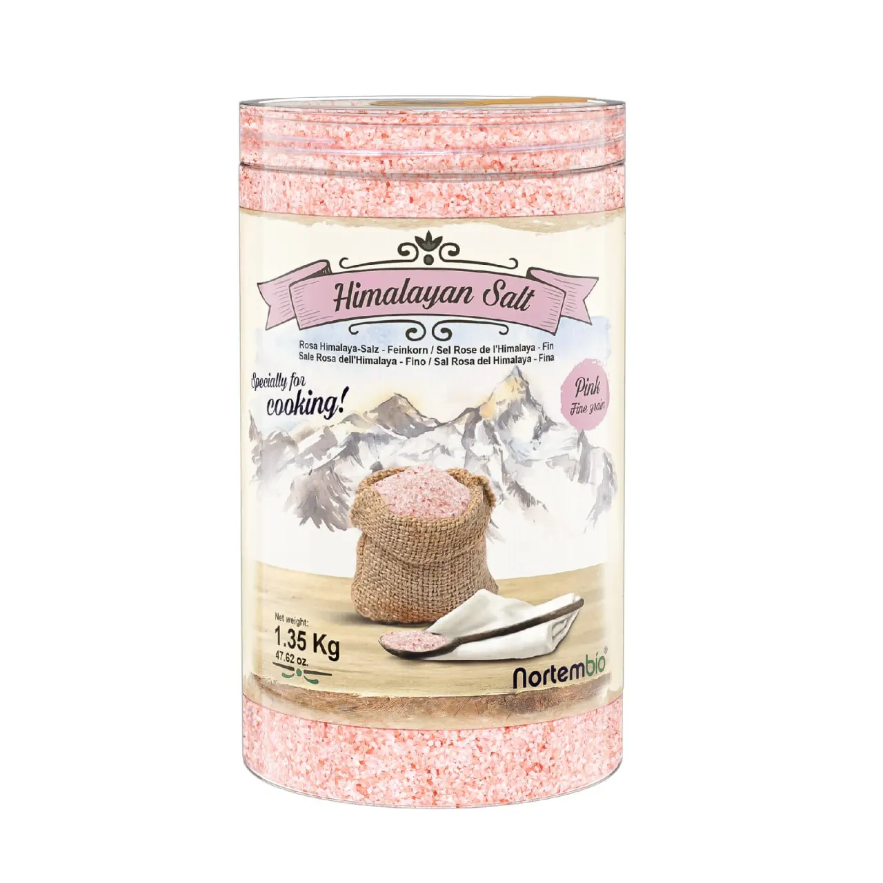 NORTEMBIO Sal Rosa del Himalaya Fina (1-2 mm) 100% Natural 1,35Kg | Sin Refinar Ni Conservantes | Extraída a Mano