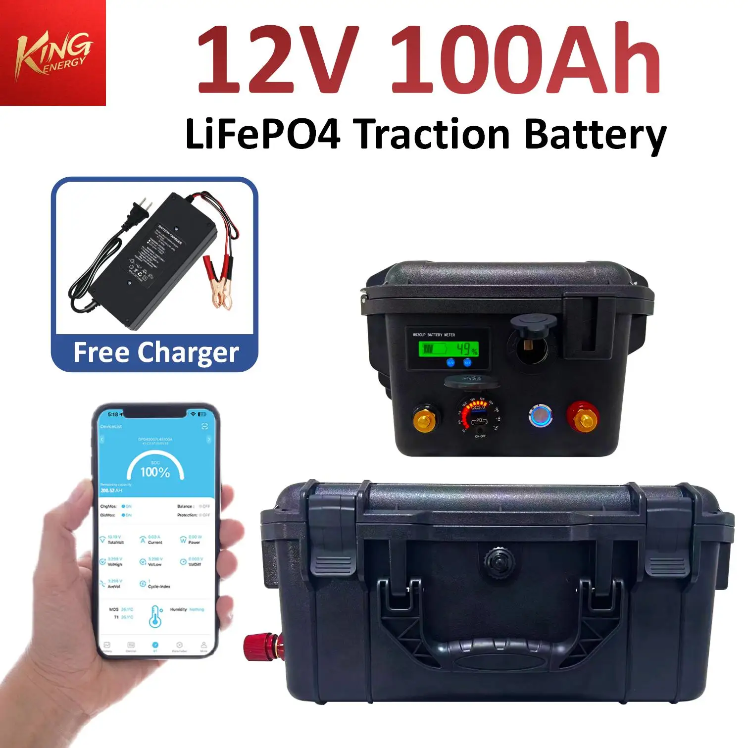 Batterie de bateau portable LiFePO4 12V 100Ah, batterie de Traction au Lithium fer Phosphate 1280Wh pour hélice marine