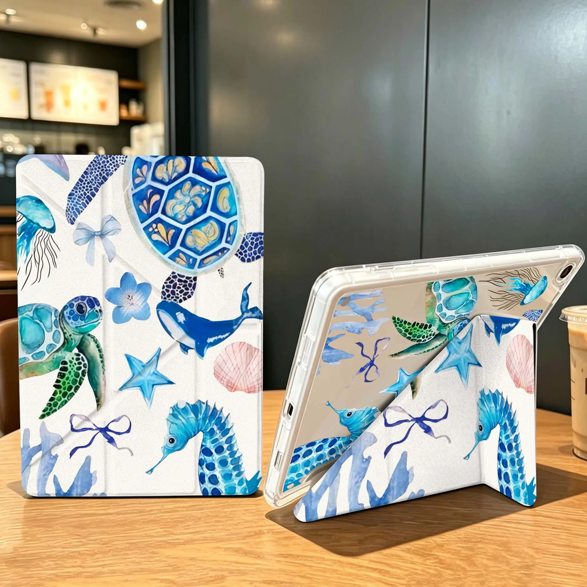 Blue Turtle Pattern Case For Samsung Galaxy Tab A9 A8 A11 S6 S7 S8 S9 S10 FE Plus Lite Transparent Y-Shaped Folding Tablet