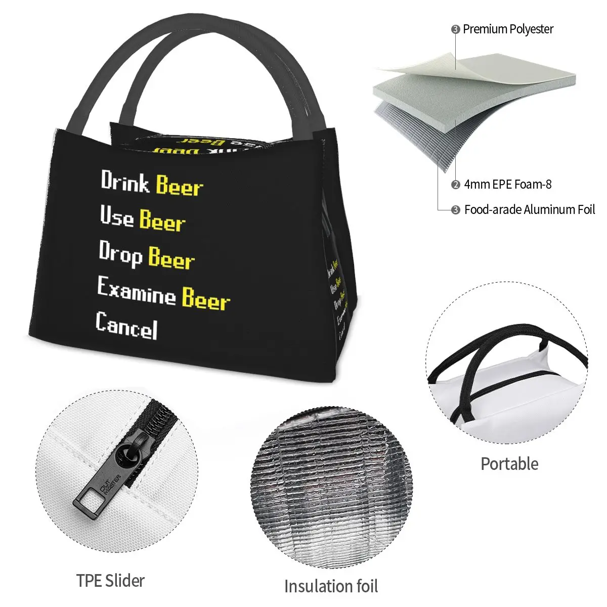 Runescape Beer Interaction Lunch Bags Insulated Bento Box Resuable Lunch Tote Picnic Bags Cooler Thermal Bag for Woman Children