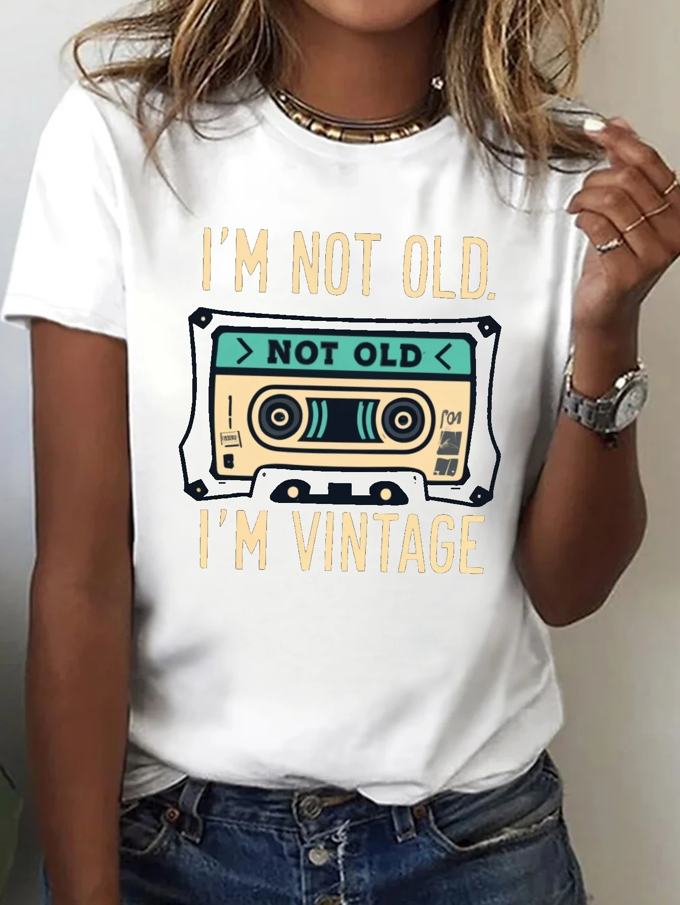 I'm Not Old I'm Vintage Print T-shirt, Short Sleeve Crew Neck Casual Top for Summer & Spring, Women's Clothing