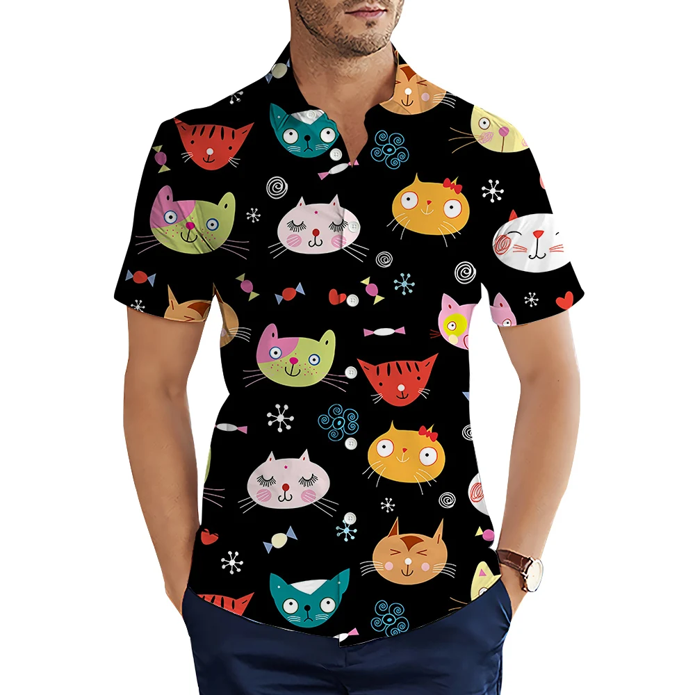 

HX Fashion Mens Shirts Animals Cartoon Cats 3D Printed Casual Shirts Summer Short Sleeve Tops Man Clothing Camisas S-5XL