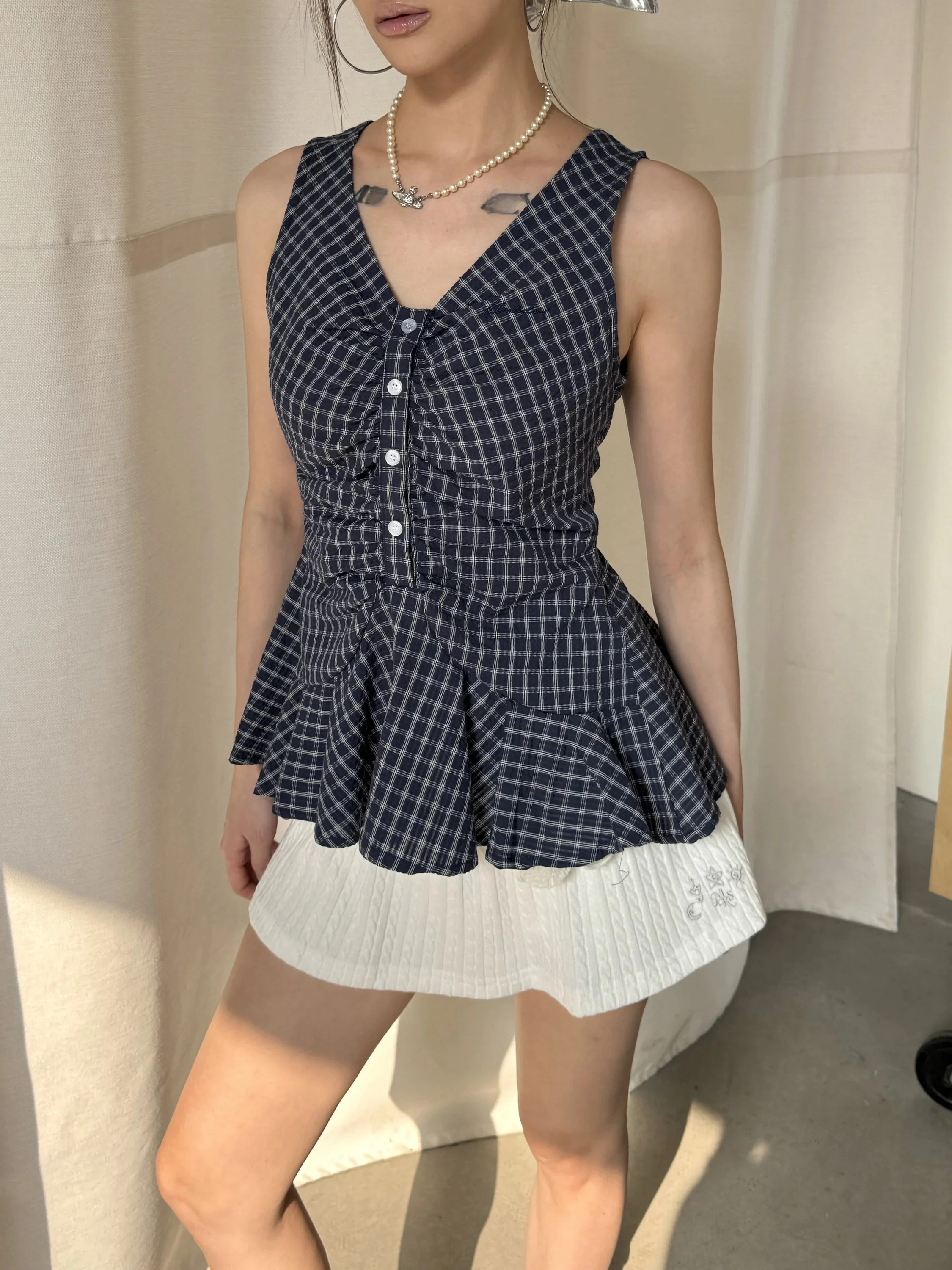Summer Sweet And Spicy Girl Blue Plaid Button Vest Waist Cinching Slimming Bell Sleeve Top V-neck Pleated Cotton Women's Vest