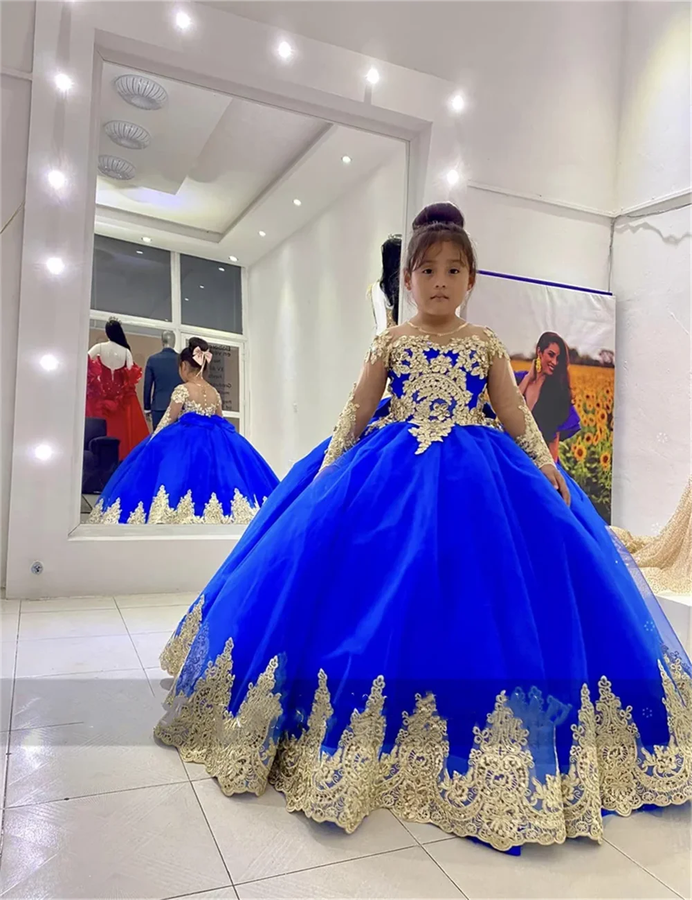 Robe de demoiselle d'honneur bleu royal à manches longues avec appliques dorées, reconstitution historique de beauté, mariage avec nœud, première communion, fête d'anniversaire cu