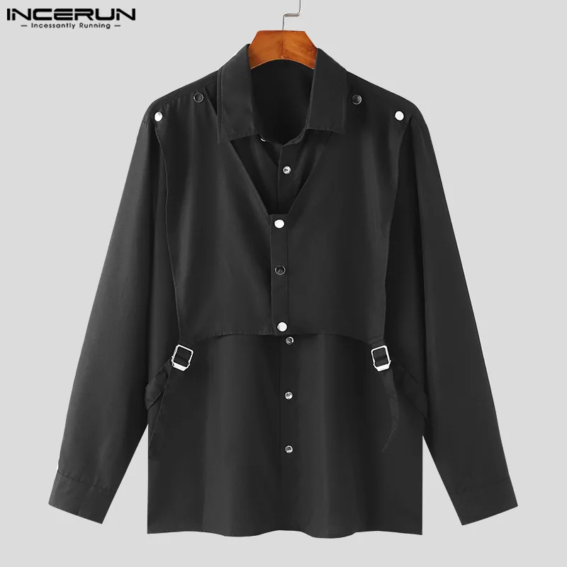 INCERUN Tops 2024 Korean Style Men Double-layer Structural Metal Design Shirts Leisure Patchwork Solid Long Sleeved Blouse S-5XL