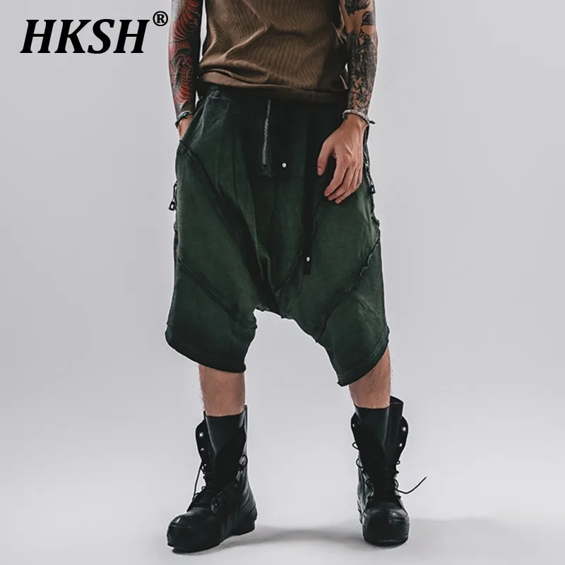 HKSH Spring Summer New Men\'s Tide Punk Cotton Shorts Original Wide Legs Spliced Ragged Edges Retro Waste Land Chic Capris HK2059