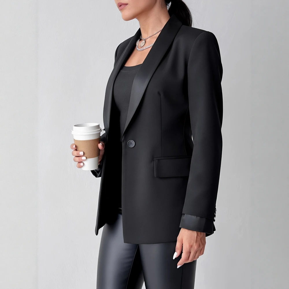 ชุดสูทลำลองแขนยาวทรงตรงสำหรับผู้หญิง ฤดูใบไม้ร่วง ฤดูหนาว แฟชั่นทันสมัย สวมใส่สบาย ไม่มีการตกแต่ง