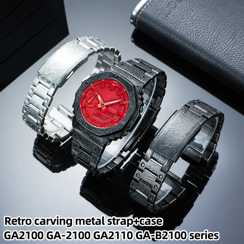 

Комплект для модификации Casio G-shock GA2100 GA-2100 GA2110 GA-B2100: мужской металлический ремешок и корпус в стиле ретро с гравировкой, из цельной нержавеющей стали.