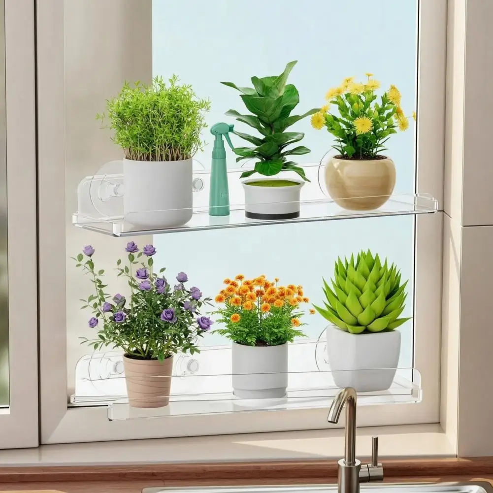 Indoor Hanging Plant Holder Acrylic Suction Cup Organizer Acrylic Floating Shelf with Suction Cups Sturdy Window Plant Display