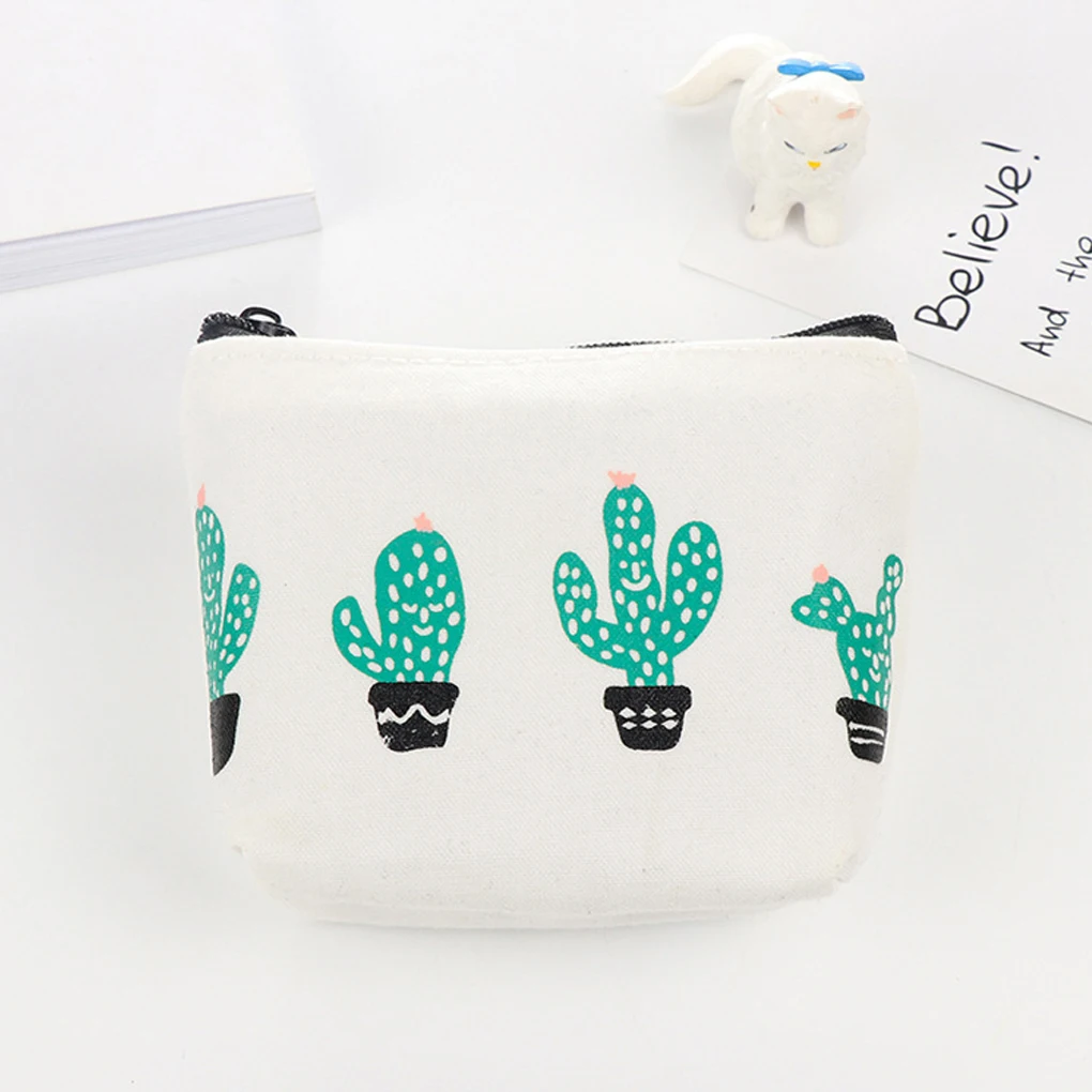 Women Student Canvas Purses Cute Cartoon Cactus Portable Coin Pouch Bag Card Bag Headset Bag