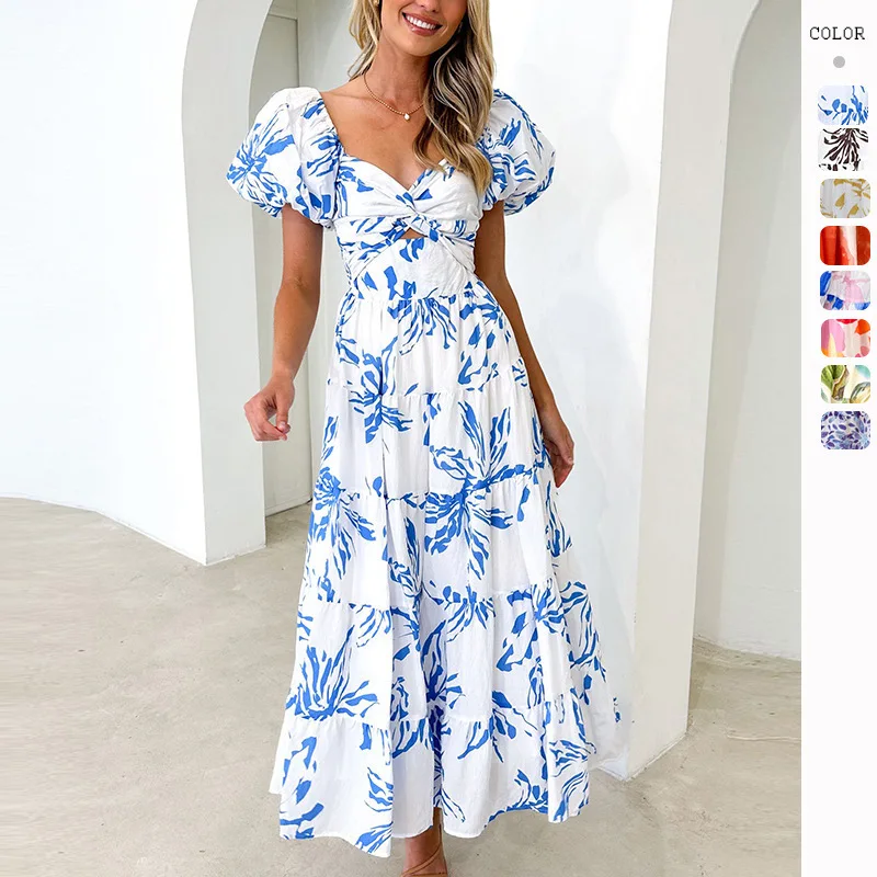 

Europe and America 2024 Spring Summer New Style Slim Fit Printed Bubble Sleeves Grand Swing High Dress Omen