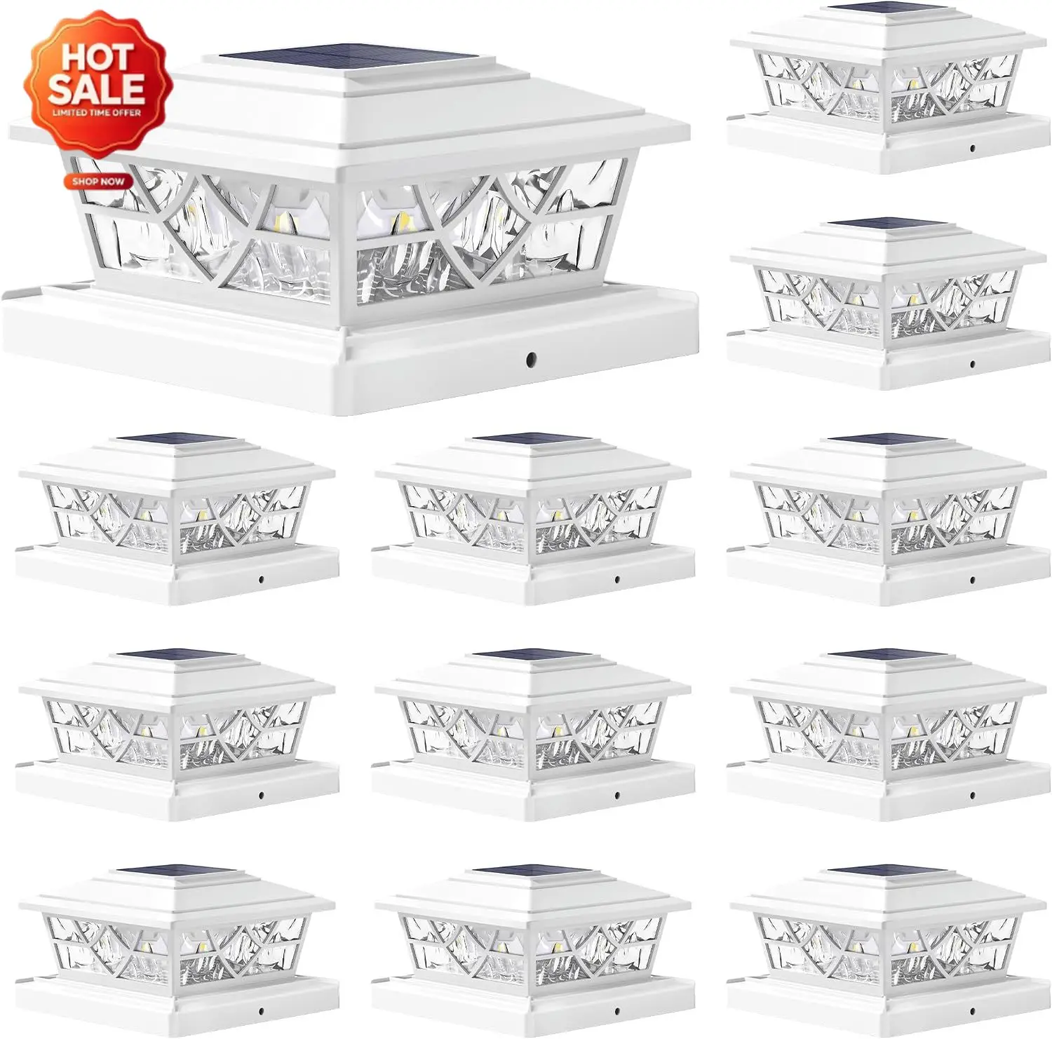 4x4 Post Solar Lights,Solar Post Lights with 2 Modes, 12 Pack White | Solar Cap Lights, 4x4 Caps Wood Vinyl,5x5 Vinyl & 6x6 Wood