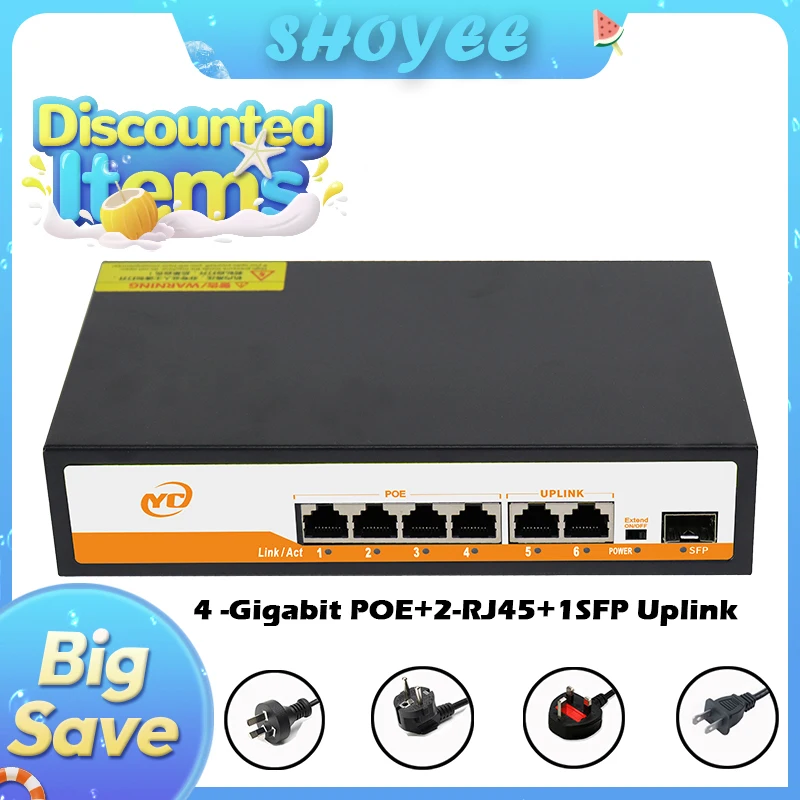 

7-портовый гигабитный Ethernet-коммутатор POE RJ45 SFP с невимужным подключением 802.3af/at Plug and Play, для IP-камеры/NVR
