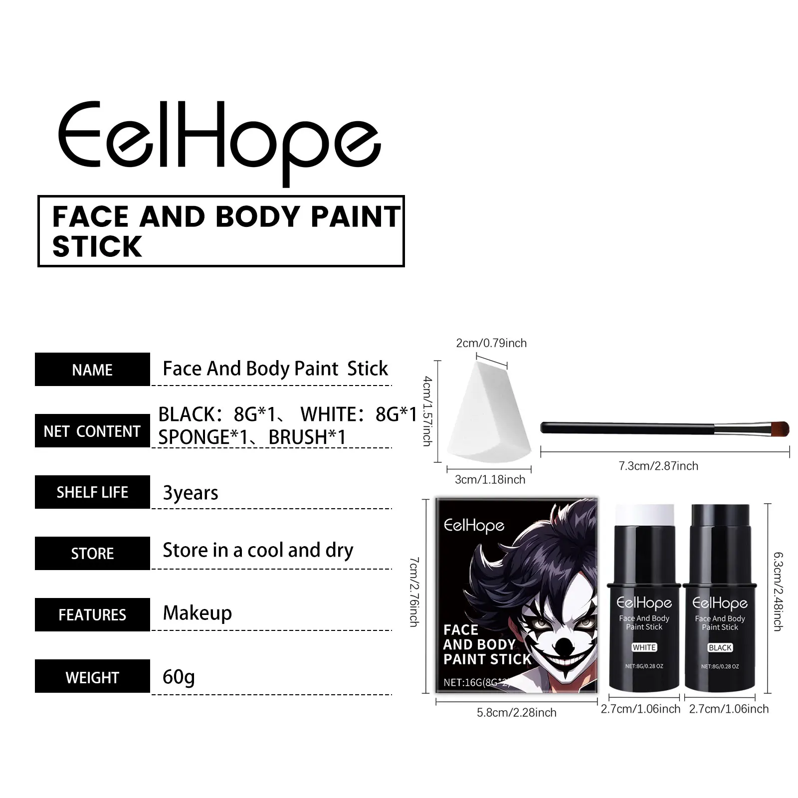 عصا طلاء الجسم والوجه من EELHOPE لمكياج الهالوين، لوحة ناعمة لكامل الجسم، فستان كهيكل عظمي للمهرج الكسول ومصاصي الدماء #6