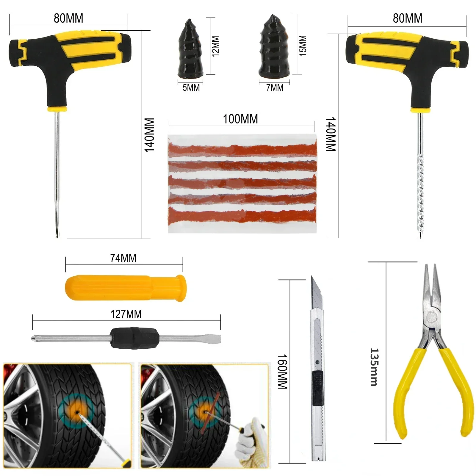 New Car Tire Repair Tool Kit Studding Tool Auto Bike Puncture Plug Garage Needle Nose Pliers Vacuum Film Nail EVA Storage Case