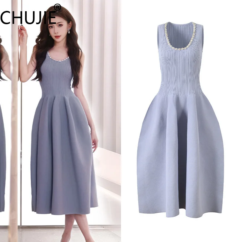 

CHUJIE Elegant U-Neck Knit Dress - Diamond Embellished Slim Fit - Socialite Party Wear - Viscose Blend - Spring Summer
