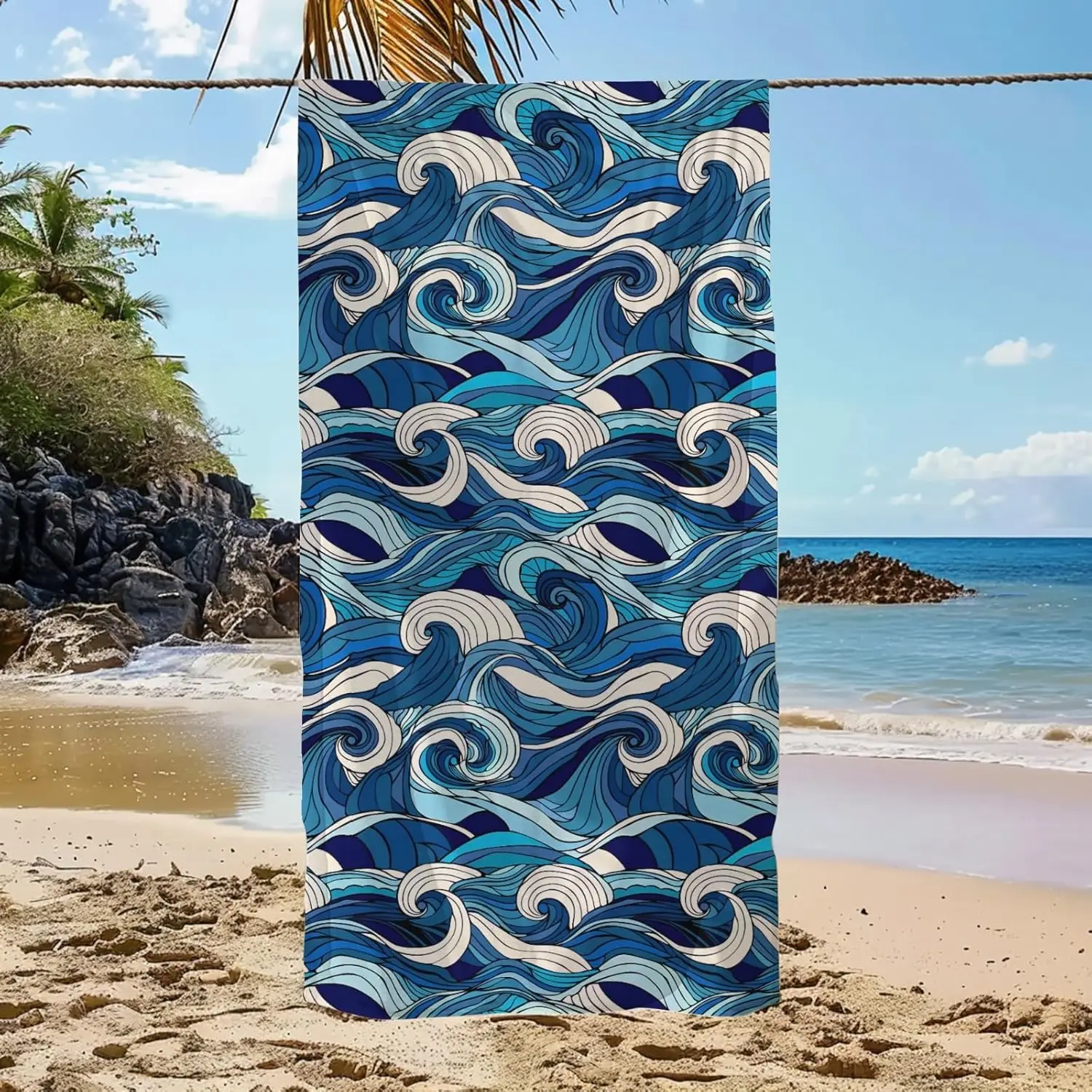 Vintage Ocean Wave Beach Towel Patterned Sunscreen And Windproof Suitable For Swimming Pool Camping Travel Blanket