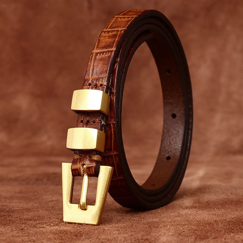  1.3CM Women's Belt Luxury Pure Cowhide Metal Double Loop Pin Buckle Genuine Leather Belt Simple All-match Cowboy Waist Belt
