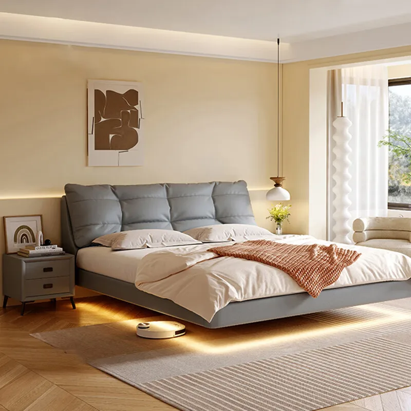 Double master bed modern simple first layer cowhide cream soft