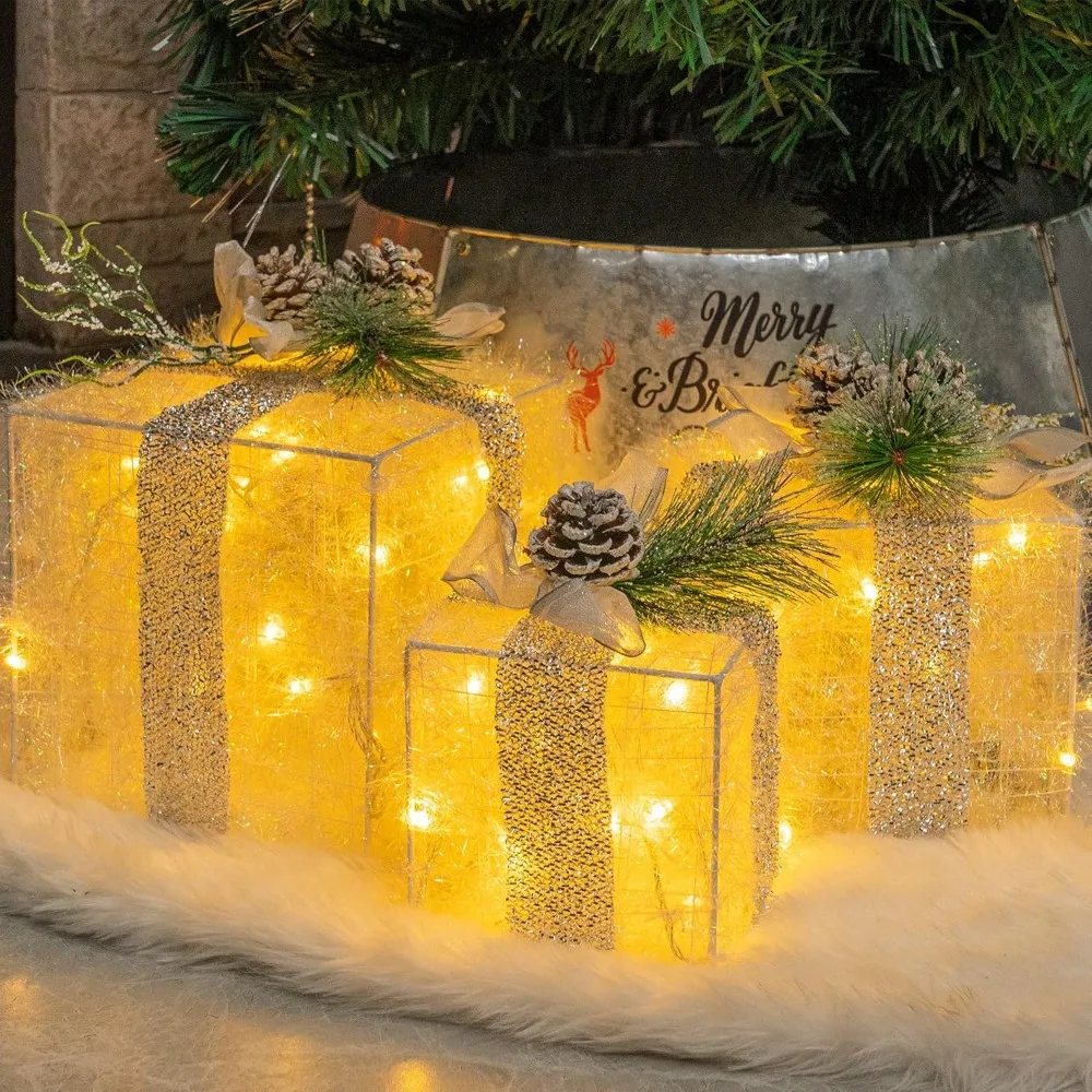 

Christmas Lighted Gift Boxes Set of 3 Pre-lit 60 LED Warm White Present Decor for Indoor Outdoor Home Yard Lawn Christmas