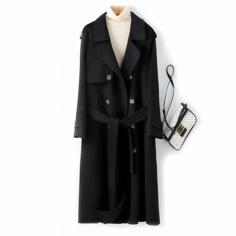 

Promotion 2023 100% Wool Coats With Belt Fashion Drouble Breadted Elegant Woolen Cashmere Veste Femme Tops