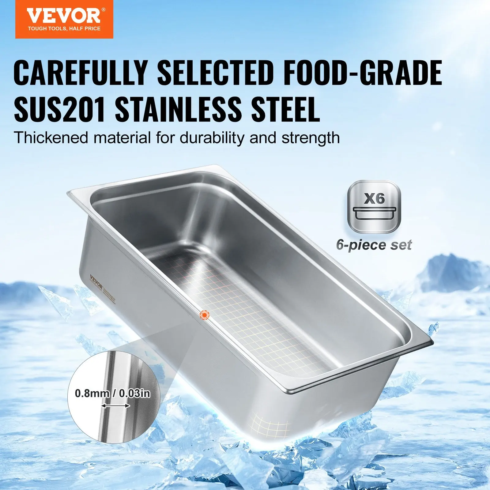 6 Pack Hotel Pans, Full Size Anti-Jam Steam Pan, 0.8mm Thick Stainless Steel Restaurant Steam Table Pan