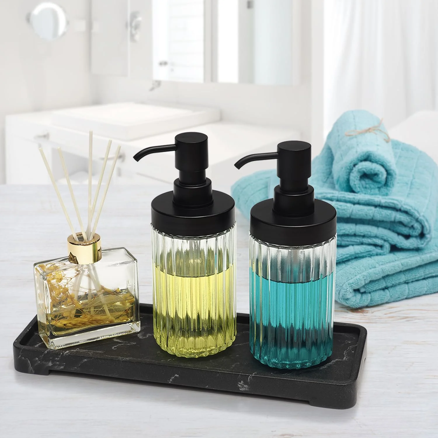 Suanti 2 PCS Glass Soap Dispenser Set for Bathroom & Kitchen Sink Refillable Liquid Soap Bottle with Squeeze Pump for Hand Dish