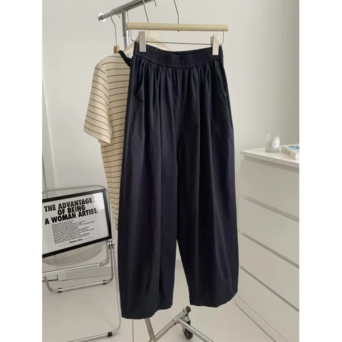 일본식 루즈핏 와이드 팬츠 여성 여름 플러스 사이즈 배형 슬림 나인 포인트 할머니 스타일 트렌디 캐주얼 바지