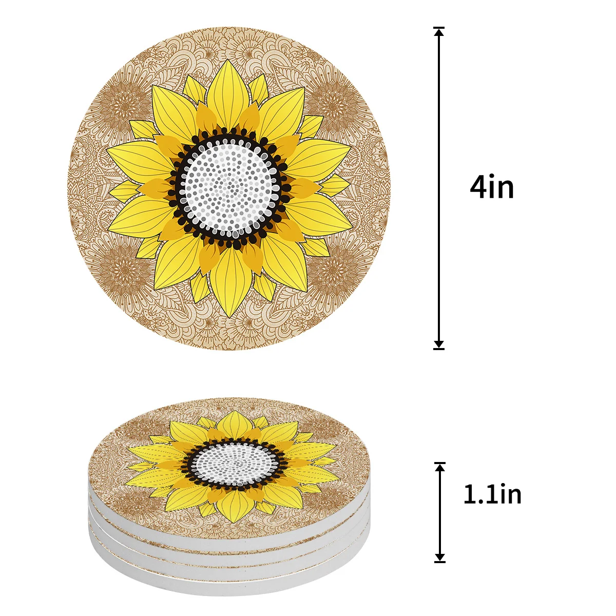 Sunflower And Mandala Khaki Coasters Ceramic Set Round Absorbent Drink Coaster Coffee Tea Cup Placemats Table Mat