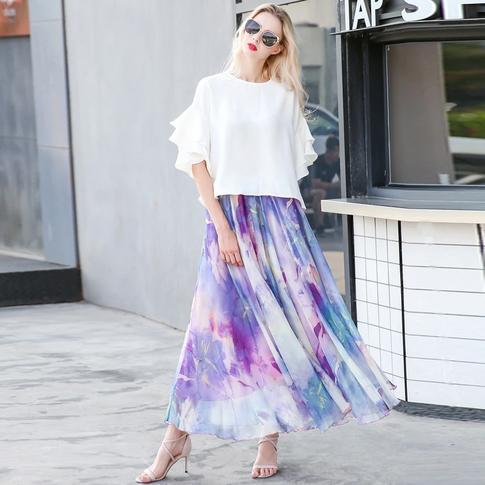 المرأة الشيفون ليوبارد طباعة تنورة طويلة ، مرونة الخصر ، طويلة ، الشاطئ ، عطلة ، البوهيمي ، عطلة ، الكورية ، الصيف