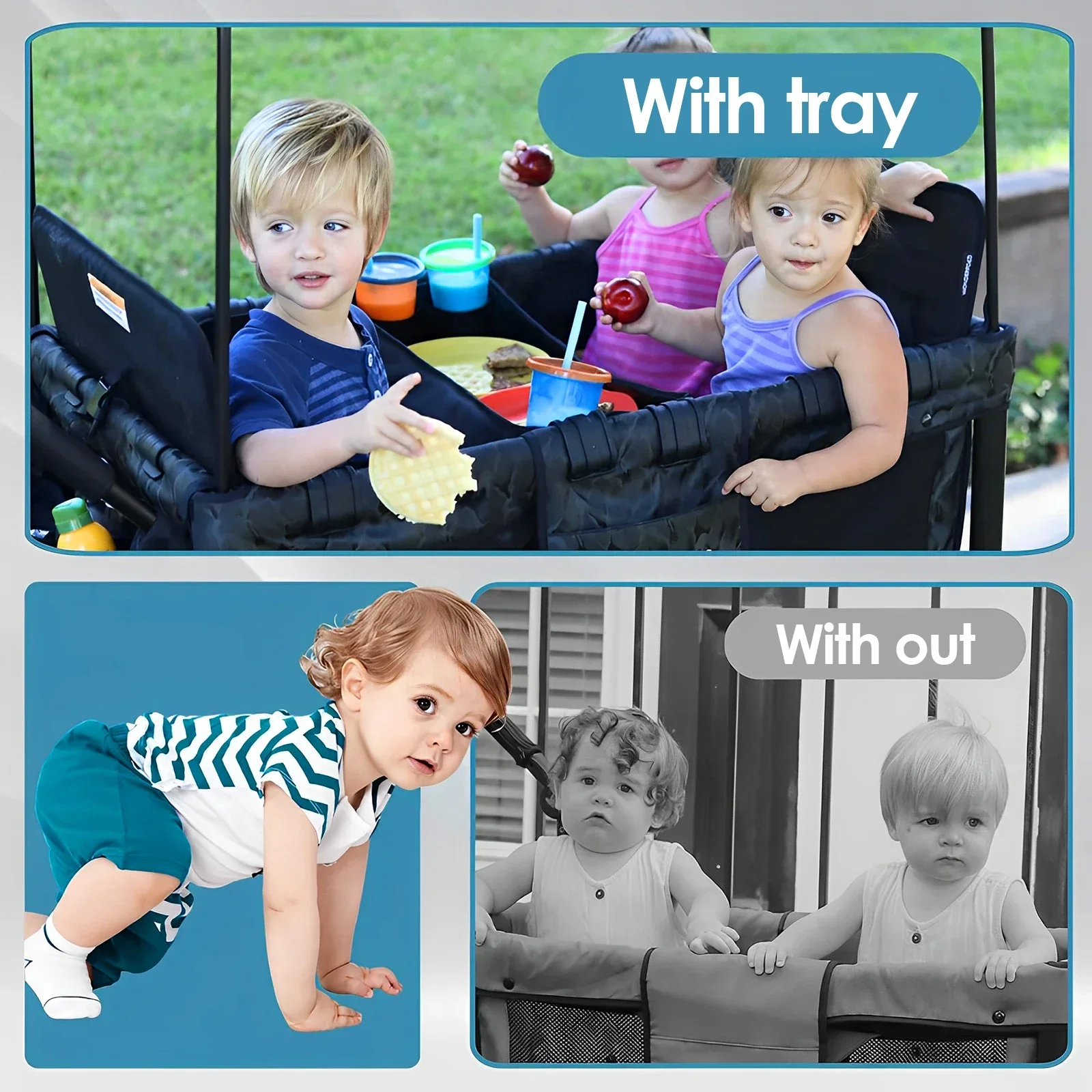 Stroller Tray with Cup Holders W2 Double Sided Stroller Tray with Storage Mesh Pockets Detachable Outdoor Travel Accessories