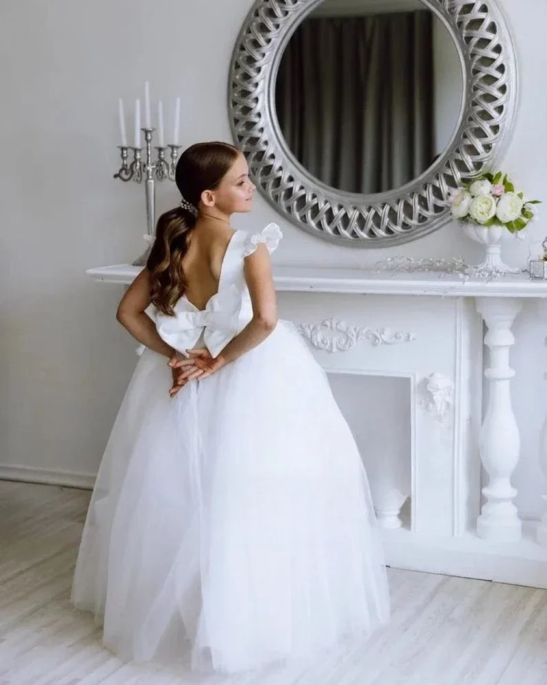 Pageant Dresses for Girls Tutu Tulle Flower Girl Dress Satin Baby Toddler Dress With Train Junior Bridesmaid Wedding Dress