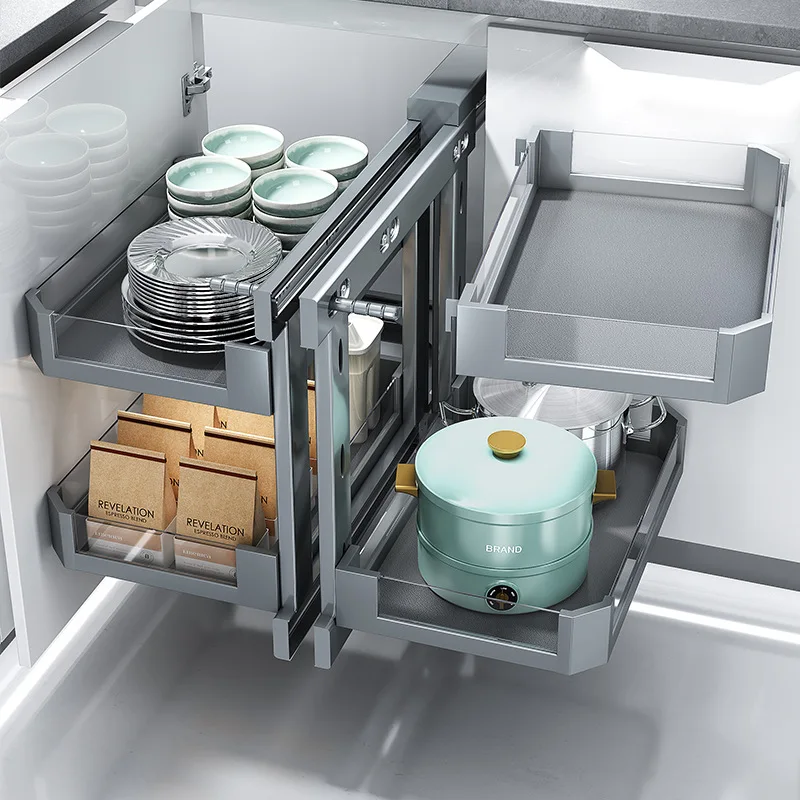 Corner pull-out basket, kitchen cabinet, rotating double-layer drawer-style storage rack, corner pull-out basket
